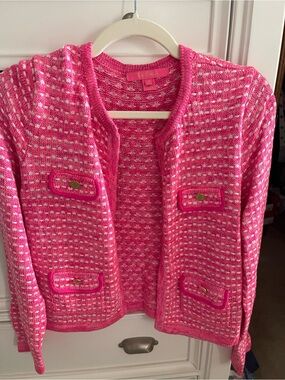 Lilly Pulitzer Hot Pink & White Tweed Open-Front Cardigan